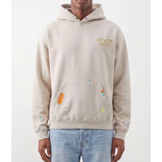 1:1 Top Quality Gallery Dept Paint Splatter Vintage Beige Pullover Hoodie, Distressed Logo Streetwear Sweatshirt