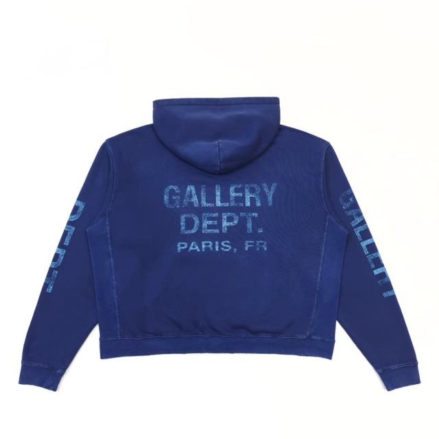 1:1 Top Quality Gallery Dept Paris FR Vintage Washed Blue Zip Up Hoodie, Distressed Logo Full-Zip Streetwear Sweat Jacket