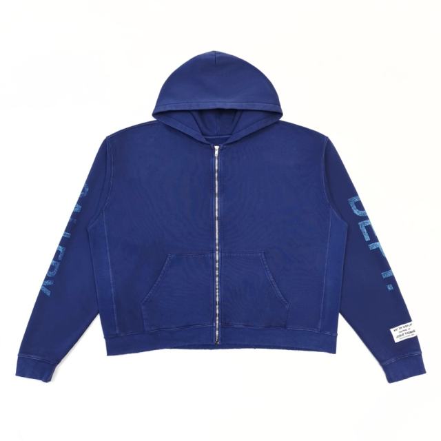 1:1 Top Quality Gallery Dept Paris FR Vintage Washed Blue Zip Up Hoodie, Distressed Logo Full-Zip Streetwear Sweat Jacket