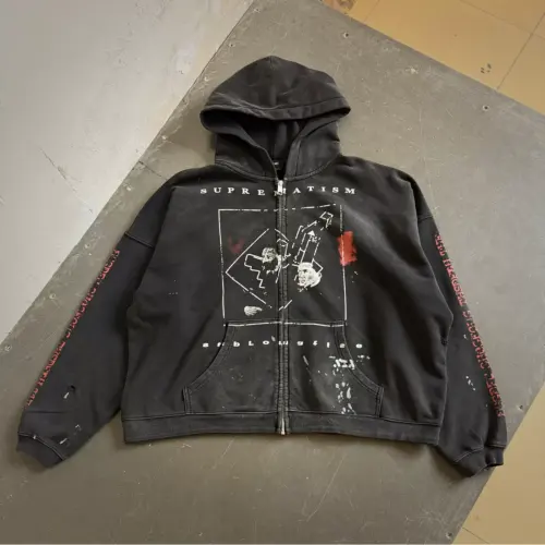 ERD Washed Graphic Distressed Zip Hoodie