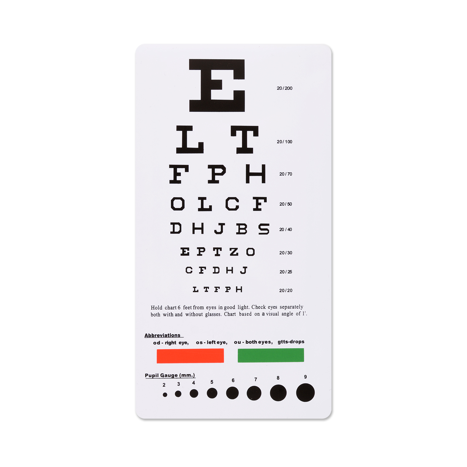 Printable Snellen Eye Test Chart, 6 Feet, Plastic