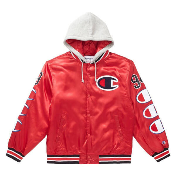 supreme champion 偽物 シュプリーム ボックス ロゴ パーカー Hooded Satin Varsity Jacket Red20D11C6