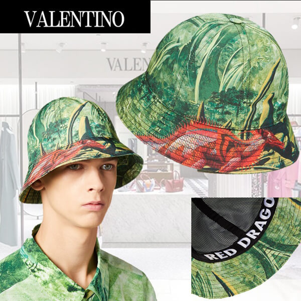 【VALENTINO】Valentino ヴァレンティノ キャップ コピー ナイロン バケットハットRed Dragon プリント 刺繍H6129b10CR03