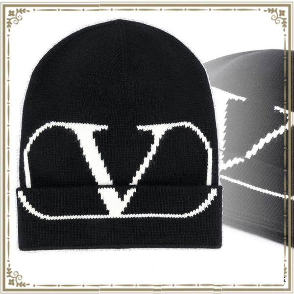 Valentino ヴァレンティノ キャップ 偽物 Vロゴ ビーニー ブラックH6129b10CR01