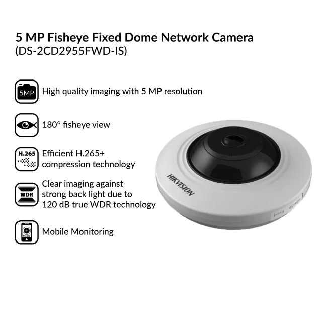 5MP Fisheye Fixed Dome Network Camera | DS-2CD2955FWD-IS