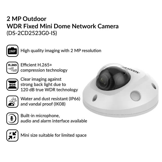 2MP Outdoor WDR Fixed Mini Dome Network Camera | DS-2CD2523G2-IS