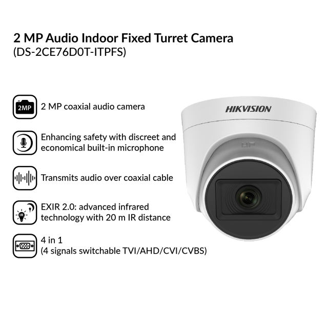 2MP Audio Indoor Fixed Turret Camera | DS-2CE76D0T-ITPFS