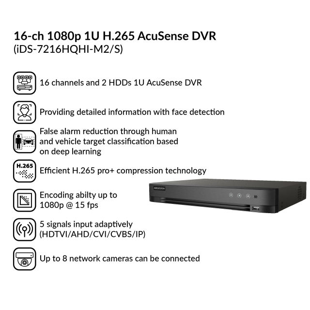 16-ch 1080p 1U H.265 AcuSense DVR | iDS-7216HQHI-M2/S
