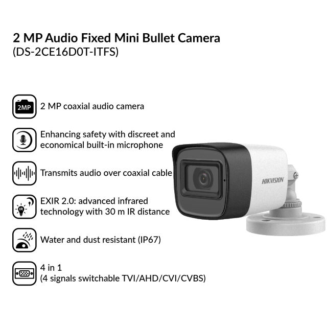 2MP Audio Fixed Mini Bullet Camera | DS-2CE16D0T-ITFS