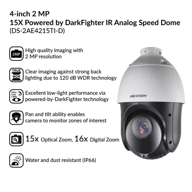 4-inch 2MP 15X IR Analog Speed Dome | DS-2AE4215TI-D
