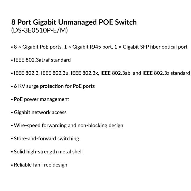 8 Port Gigabit Unmanaged POE Switch | DS-3E0510P-E/M