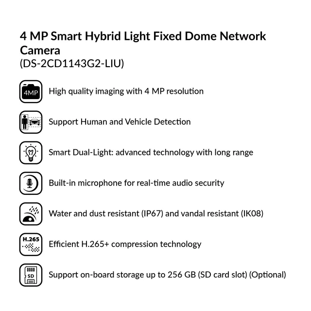 4 MP Smart Hybrid Light Fixed Dome Network Camera | DS-2CD1143G2-LIU