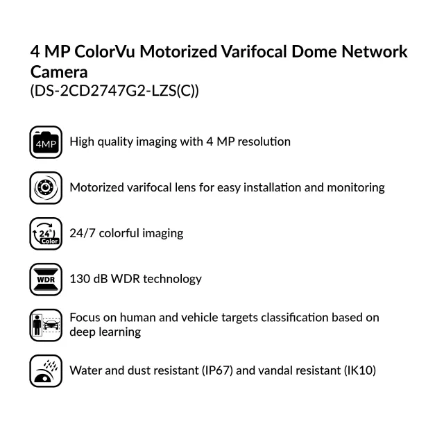 4 MP ColorVu Motorized Varifocal Dome Network Camera | DS-2CD2747G2-LZS(C)