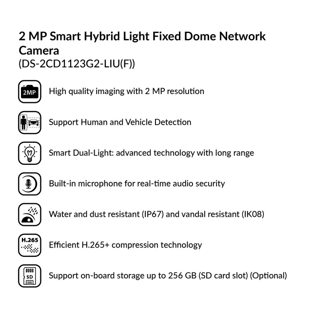 2 MP Smart Hybrid Light Fixed Dome Network Camera | DS-2CD1123G2-LIU