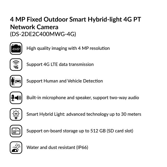 4MP Fixed Outdoor Smart Hybrid-light 4G PT Network Camera | DS-2DE2C400MWG-4G