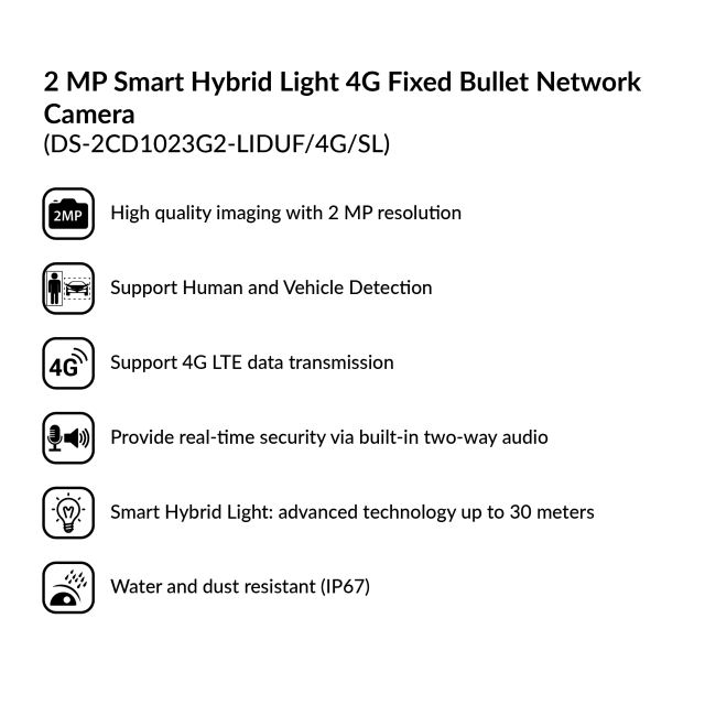 2MP Smart Hybrid Light 4G Fixed Bullet Network Camera | DS-2CD1023G2-LIDUF/4G/SL(2.8mm)