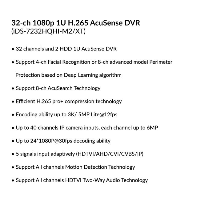 32-ch 1080p 1U H.265 AcuSense DVR | iDS-7232HQHI-M2/XT