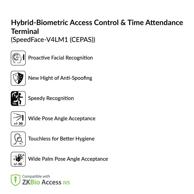 Hybrid-Biometric Access Control & Time Attendance Terminal | SpeedFace-V4LM1 (CEPAS)