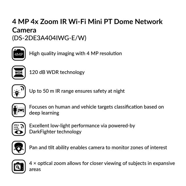 4MP 4x Zoom IR Wi-Fi Mini PT Dome Network Camera | DS-2DE3A404IWG-E/W