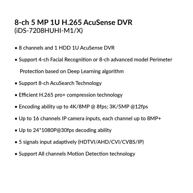 8-ch 5 MP 1U H.265 AcuSense DVR | iDS-7208HUHI-M1/X