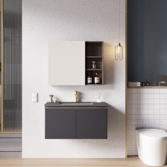 Moderner Stil Günstiger Preis Wandmontierte Bodenentwässerung Mehrschichtiges Massivholz Keramik Waschbecken Badezimmerspiegel Waschtischunterschrank