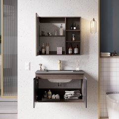 Moderner Stil Günstiger Preis Wandmontierte Bodenentwässerung Mehrschichtiges Massivholz Keramik Waschbecken Badezimmerspiegel Waschtischunterschrank