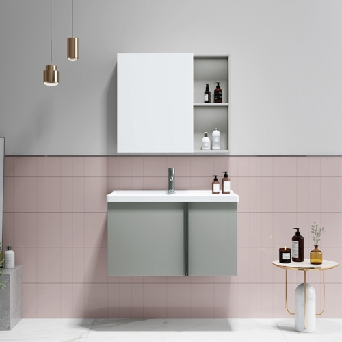 Tocador moderno del gabinete del cuarto de baño colgado en la pared de la prenda impermeable de la placa del PVC con el espejo y el lavabo de cerámica