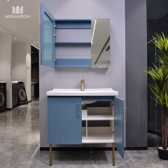 Mueble de baño azul de pie con espejo