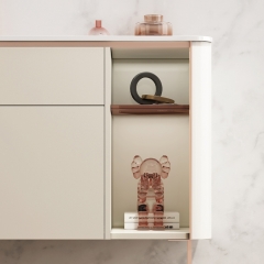 Monarch beige floor-to-ceiling bathroom cabinet with mirror PVC rock slab countertop bathroom cabinet