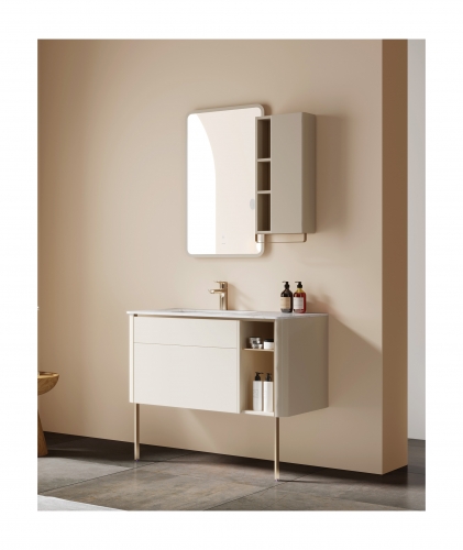 Monarch beige floor-to-ceiling bathroom cabinet with mirror PVC rock slab countertop bathroom cabinet