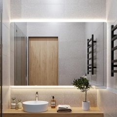 Estilo moderno Precio barato Drenaje de suelo montado en la pared Lavabo de cerámica de madera maciza de múltiples capas Gabinete de tocador con espejo de baño