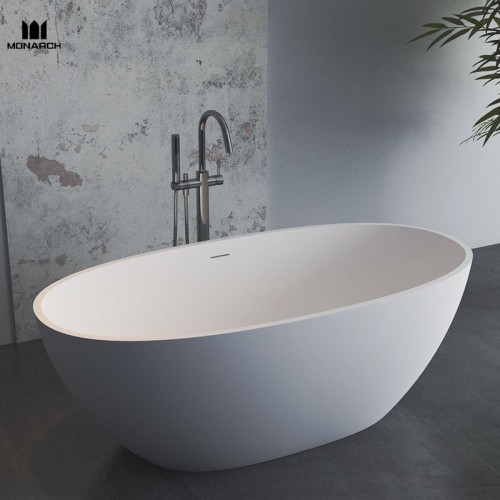 Bañera independiente blanca ovalada de piedra de superficie sólida con rebosadero