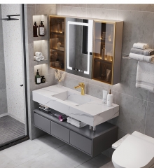 luxury slate integrated countertop wash basin smart bathroom mirror hanging multi-functional storage bath cabinet set