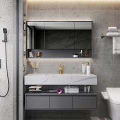 luxury slate integrated countertop wash basin smart bathroom mirror hanging multi-functional storage bath cabinet set