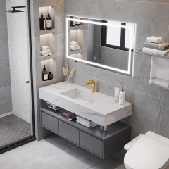 luxury slate integrated countertop wash basin smart bathroom mirror hanging multi-functional storage bath cabinet set