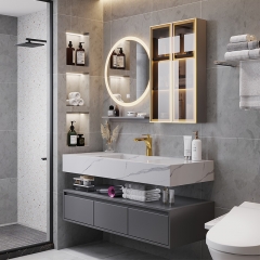 luxury slate integrated countertop wash basin smart bathroom mirror hanging multi-functional storage bath cabinet set