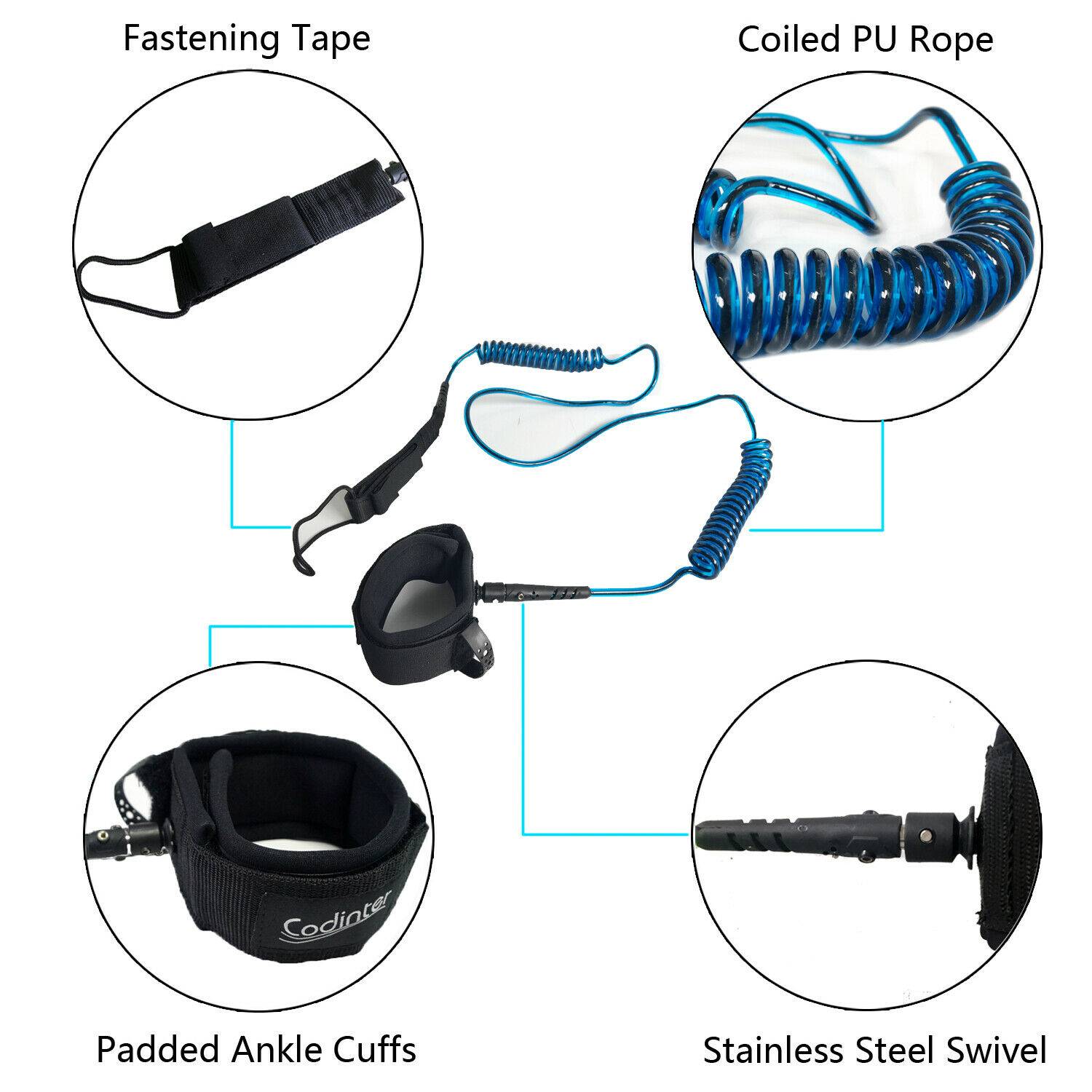 Surfboard Leash, Surfing SUP Leash TPU 12ft Coiled Paddle Board Leash Leg Rope