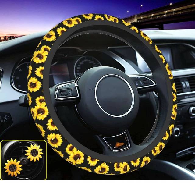 Sunflower Steering Wheel Cover Sweat Absorption Protector with 2 Air Fresheners