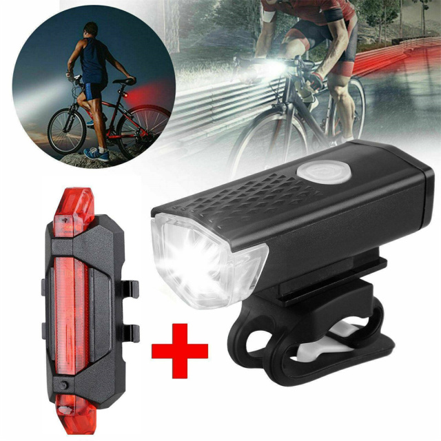 Rechargeable Bicycle Bike Headlight Rear Taillight Set USB LED Light Front Lamp