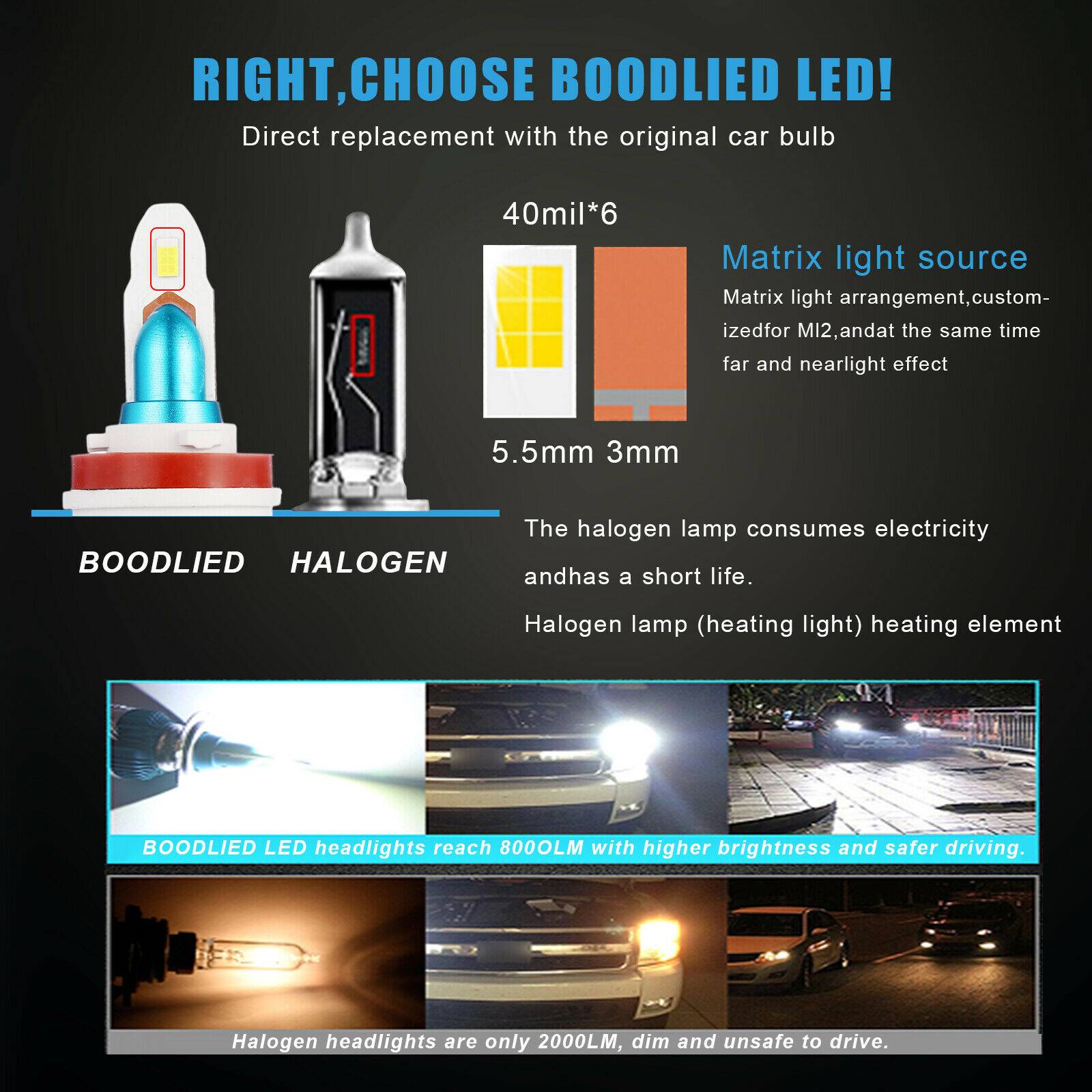 H11 LED Headlight Bulbs Conversion Kit High Low Beam Headlamp 6500K Cool White