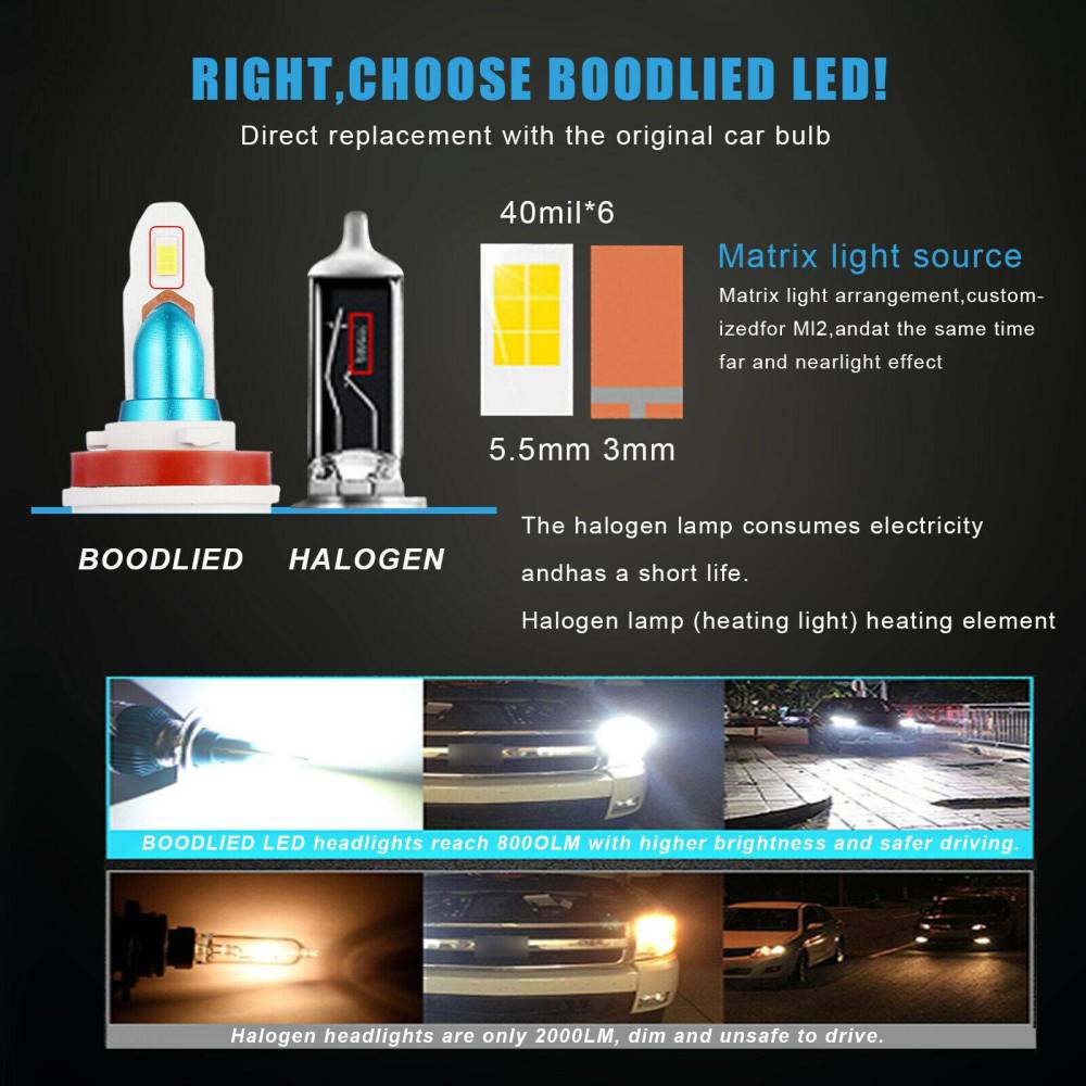 H11 LED Headlight Bulbs Conversion Kit High Low Beam Headlamp 6500K Cool White