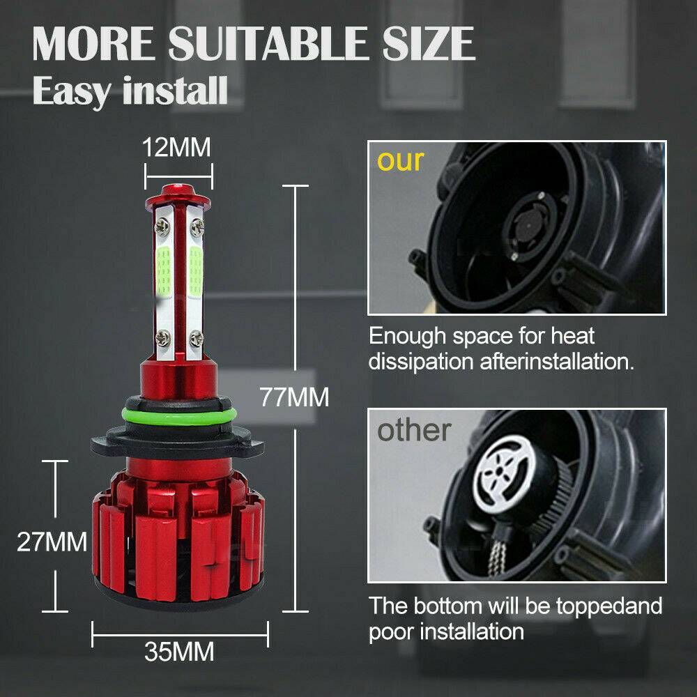 4-Sides HB4 9006 LED Headlight Bulb Foglight Kit High Low Beam 8000K Blue Light