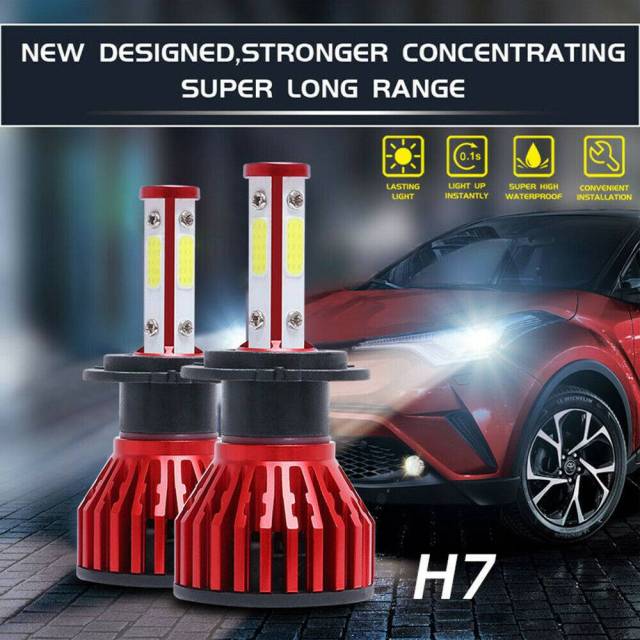 2PCS 4-sided H7 LED Headlight Bulb Conversion Kit Far/Near Light 6000K