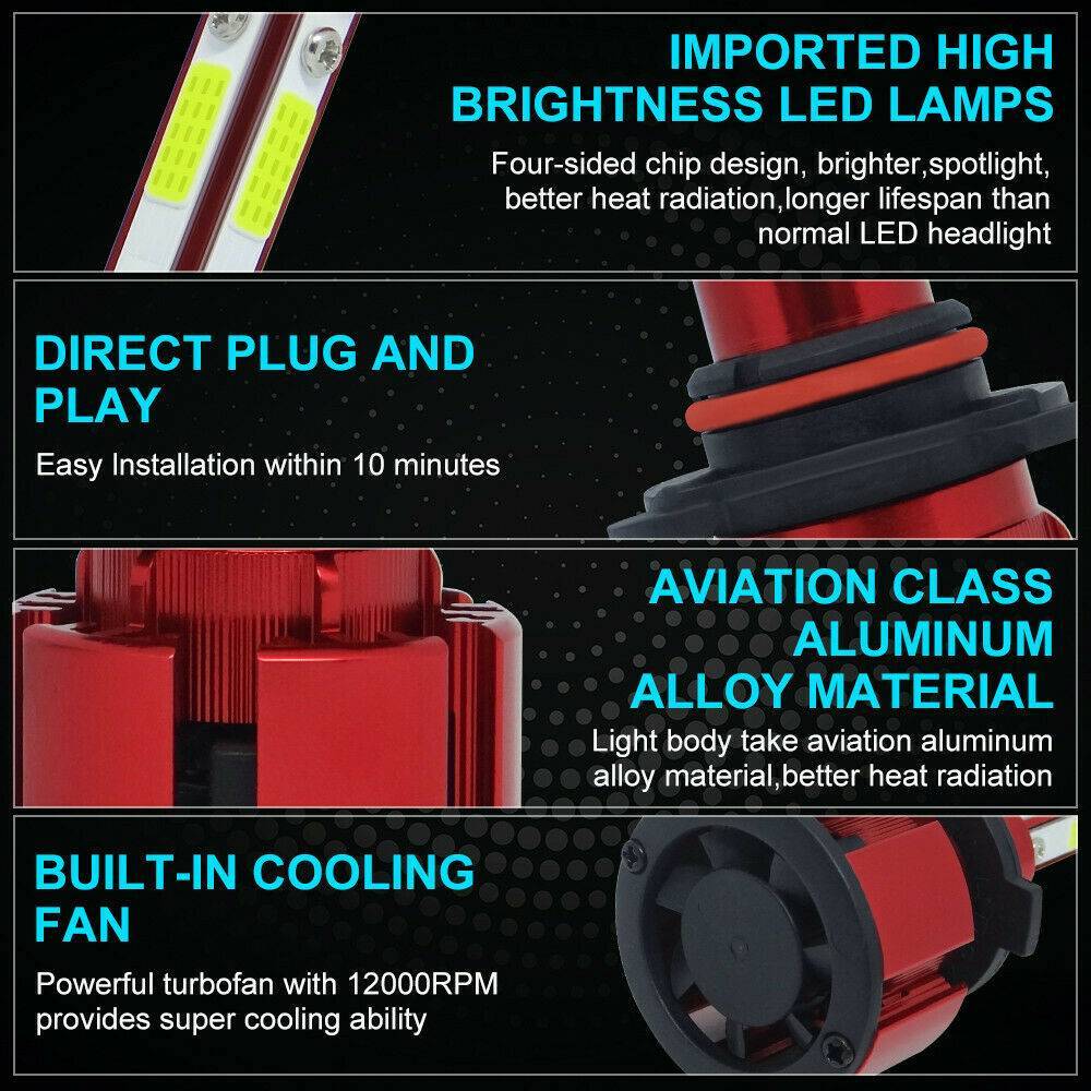 4PCS 4 Side 9005+9006 LED Headlight Hulb Kit High/Low Light Light Bright 6000K