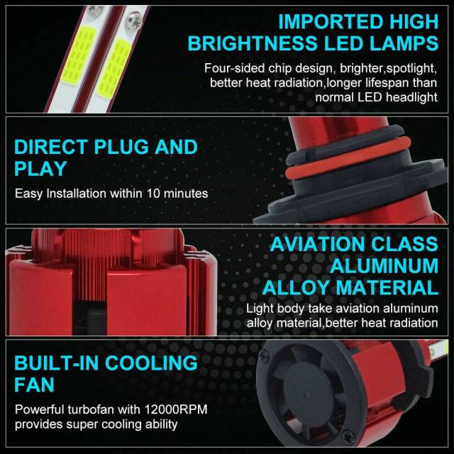 4PCS 4 Side 9005+9006 LED Headlight Hulb Kit High/Low Light Light Bright 6000K