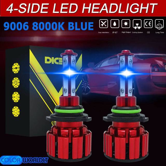 4-Sides HB4 9006 LED Headlight Bulb Foglight Kit High Low Beam 8000K Blue Light