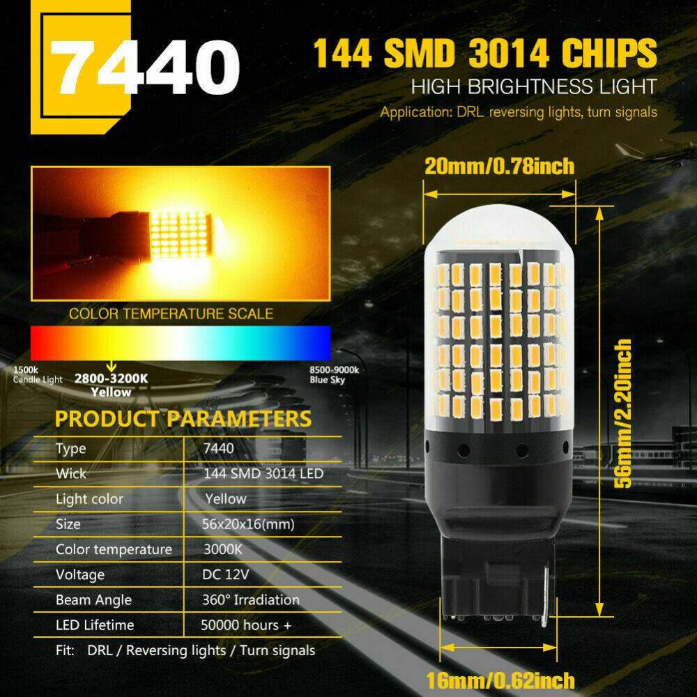 2x T20 7440 LED 144SMD CANBUS Amber Reverse Tail Turn Signal Light Bulb