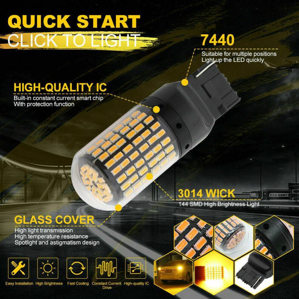 2x T20 7440 LED 144SMD CANBUS Amber Reverse Tail Turn Signal Light Bulb