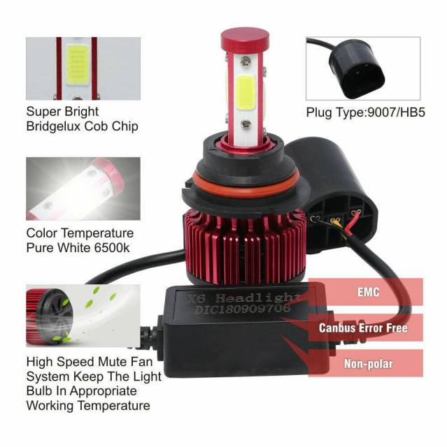 4PCS 9007 HB5 COB LED Headlight CANBUS Kit High and Low Beam Bulb 6000K White