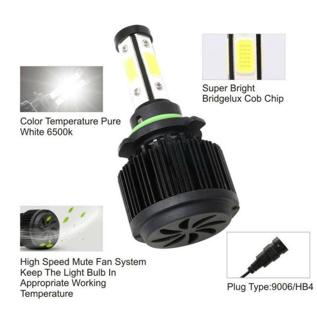 4PCS 4-side Luminous COB LED Low Beam/fog Light Kit 9006 6000K Bulb